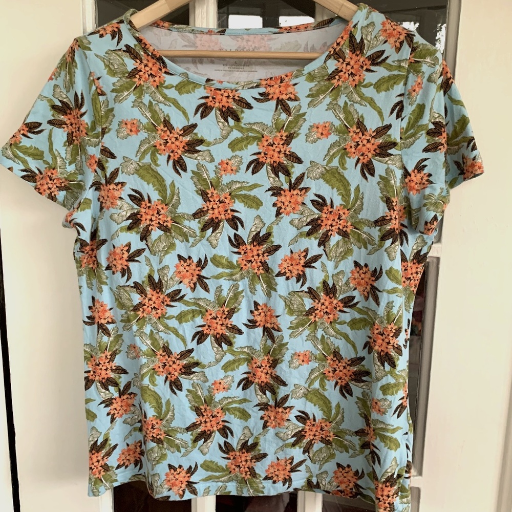 Talbots Tropical Boatneck Cotton T-Shirt (Size Large) blue orange vacation